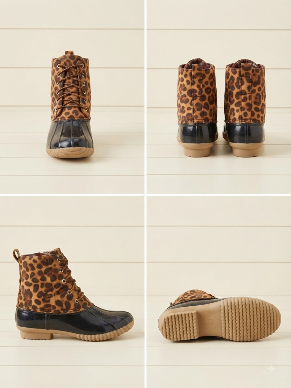 Yoki Leopard Lace-Up Duck Boots in Black and Tan